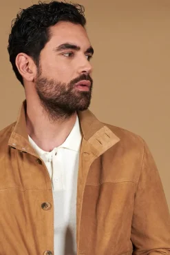 Uomo D'Arienzo Alex Bottoni - Giacca bomber in pelle camoscio beige con bottoni e tasconi