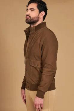 Uomo D'Arienzo Alex Bottoni - Giacca bomber in pelle camoscio fango con bottoni e tasconi