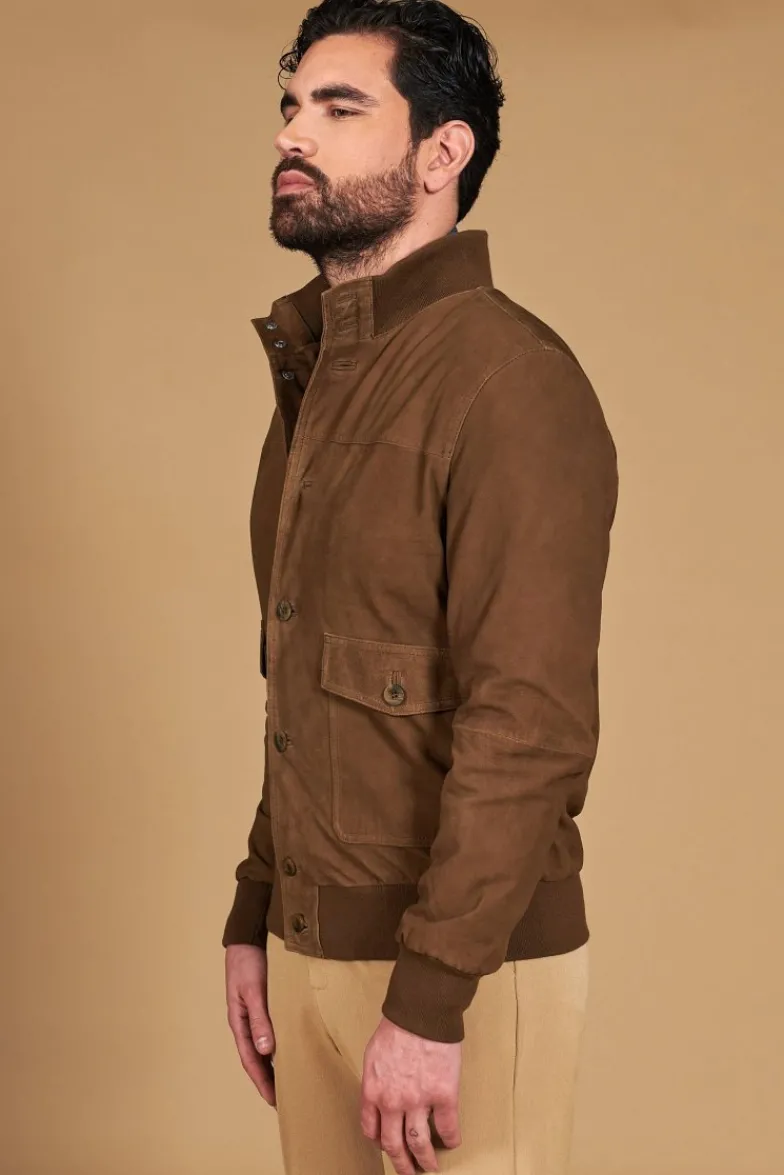 Uomo D'Arienzo Alex Bottoni - Giacca bomber in pelle camoscio fango con bottoni e tasconi