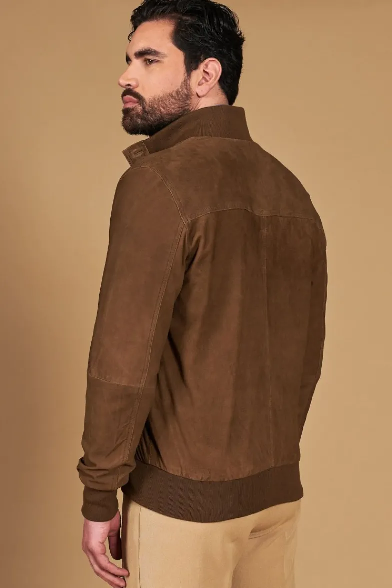 Uomo D'Arienzo Alex Bottoni - Giacca bomber in pelle camoscio fango con bottoni e tasconi