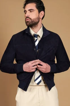 Uomo D'Arienzo Alex Bottoni - Giacca bomber in pelle camoscio blu con bottoni e tasconi