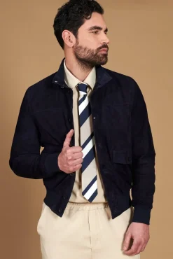 Uomo D'Arienzo Alex Bottoni - Giacca bomber in pelle camoscio blu con bottoni e tasconi