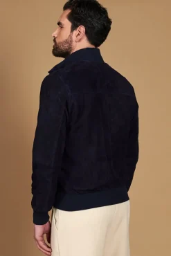 Uomo D'Arienzo Alex Bottoni - Giacca bomber in pelle camoscio blu con bottoni e tasconi
