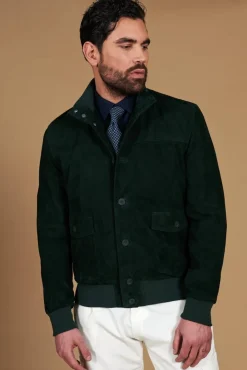 Uomo D'Arienzo Alex Bottoni - Giacca bomber in pelle camoscio verde con bottoni e tasconi