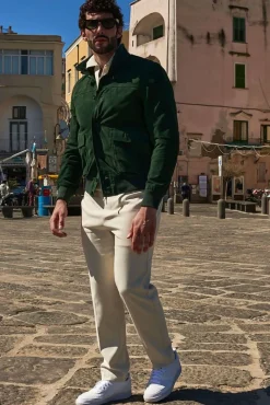 Uomo D'Arienzo Alex Bottoni - Giacca bomber in pelle camoscio verde con bottoni e tasconi