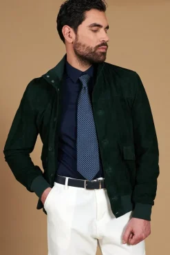 Uomo D'Arienzo Alex Bottoni - Giacca bomber in pelle camoscio verde con bottoni e tasconi