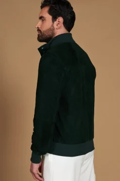 Uomo D'Arienzo Alex Bottoni - Giacca bomber in pelle camoscio verde con bottoni e tasconi