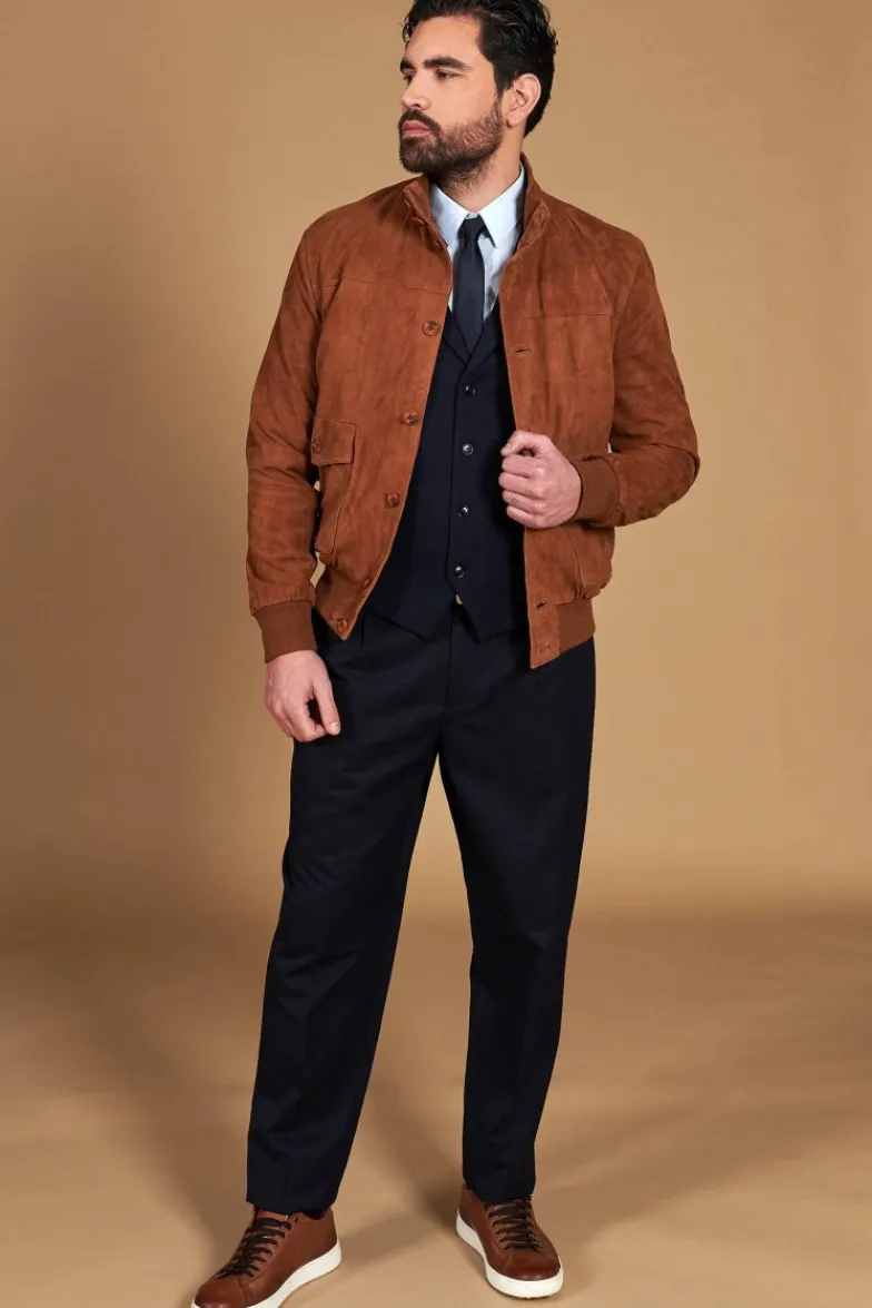 Uomo D'Arienzo Alex Bottoni - Giacca bomber in pelle camoscio cognac con bottoni e tasconi