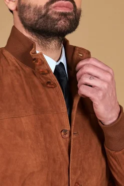 Uomo D'Arienzo Alex Bottoni - Giacca bomber in pelle camoscio cognac con bottoni e tasconi