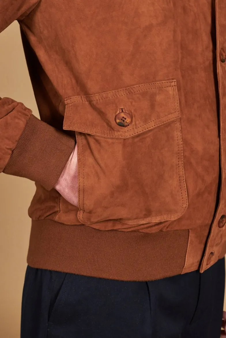 Uomo D'Arienzo Alex Bottoni - Giacca bomber in pelle camoscio cognac con bottoni e tasconi