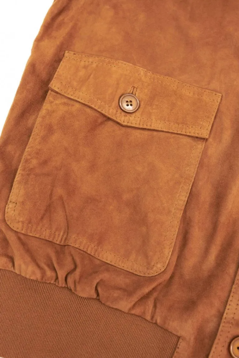 Uomo D'Arienzo Alex Bottoni - Giacca bomber in pelle camoscio cognac con bottoni e tasconi
