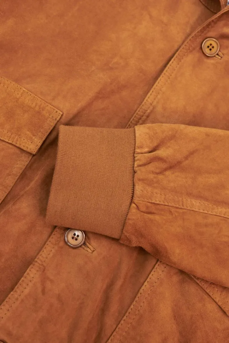 Uomo D'Arienzo Alex Bottoni - Giacca bomber in pelle camoscio cognac con bottoni e tasconi