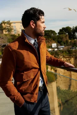 Uomo D'Arienzo Alex Bottoni - Giacca bomber in pelle camoscio cognac con bottoni e tasconi