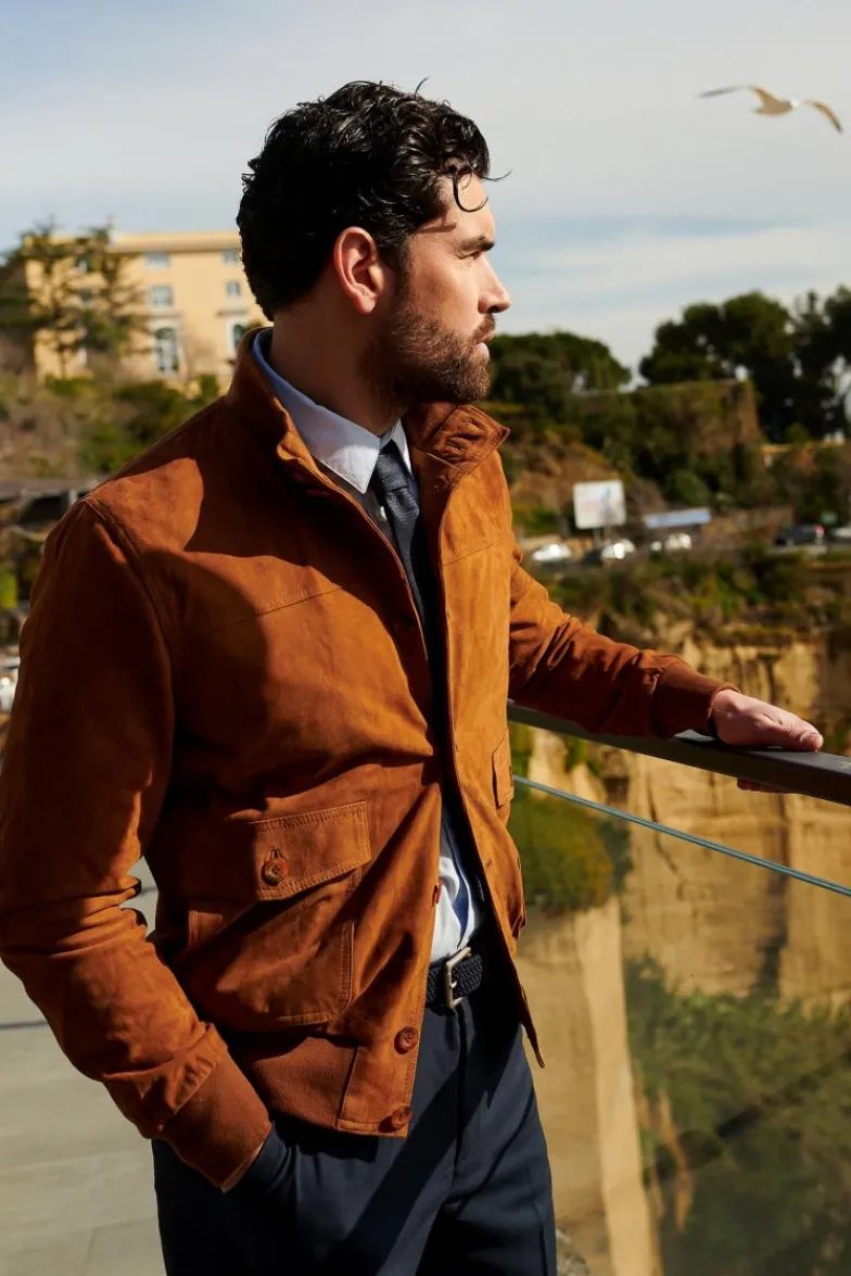 Uomo D'Arienzo Alex Bottoni - Giacca bomber in pelle camoscio cognac con bottoni e tasconi