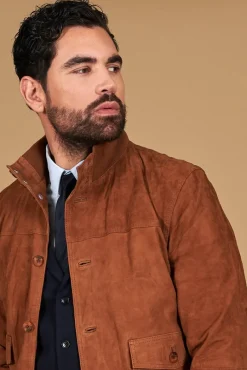 Uomo D'Arienzo Alex Bottoni - Giacca bomber in pelle camoscio cognac con bottoni e tasconi