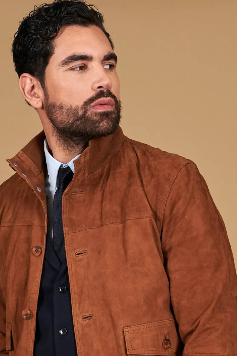 Uomo D'Arienzo Alex Bottoni - Giacca bomber in pelle camoscio cognac con bottoni e tasconi