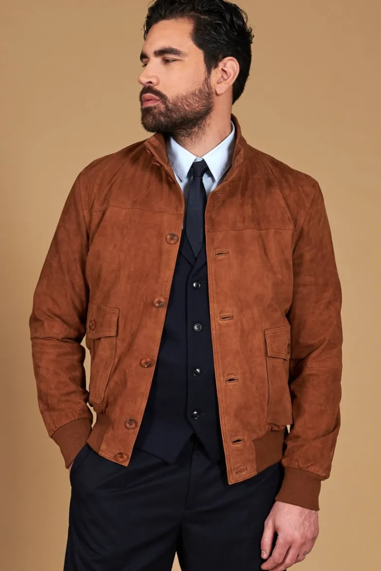 Uomo D'Arienzo Alex Bottoni - Giacca bomber in pelle camoscio cognac con bottoni e tasconi