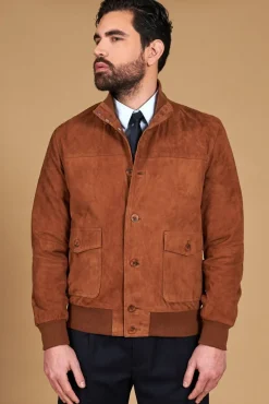 Uomo D'Arienzo Alex Bottoni - Giacca bomber in pelle camoscio cognac con bottoni e tasconi