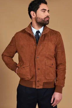 Uomo D'Arienzo Alex Bottoni - Giacca bomber in pelle camoscio cognac con bottoni e tasconi