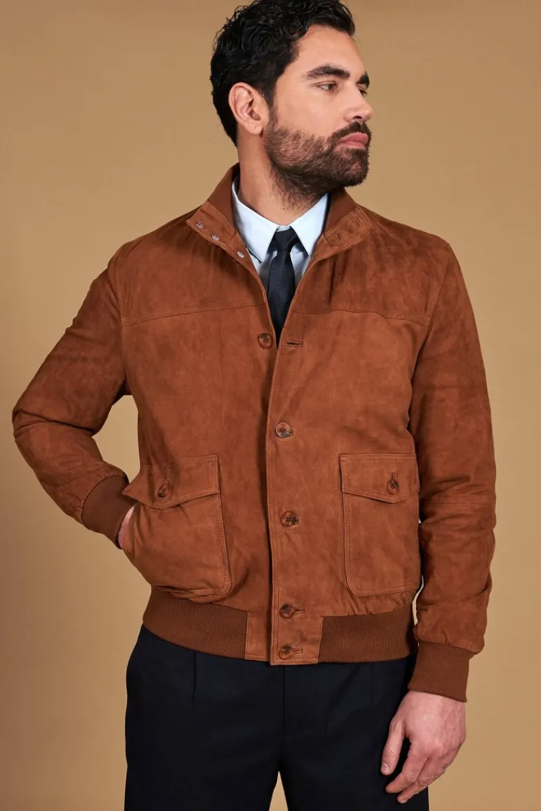 Uomo D'Arienzo Alex Bottoni - Giacca bomber in pelle camoscio cognac con bottoni e tasconi