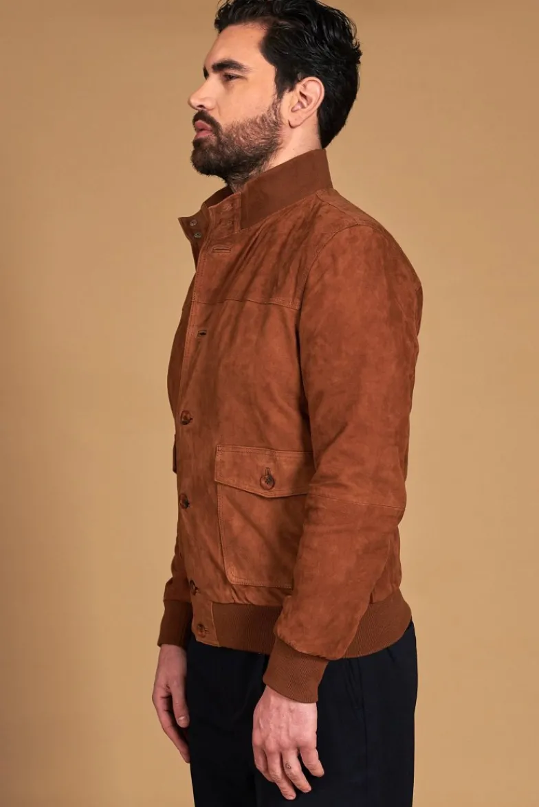 Uomo D'Arienzo Alex Bottoni - Giacca bomber in pelle camoscio cognac con bottoni e tasconi