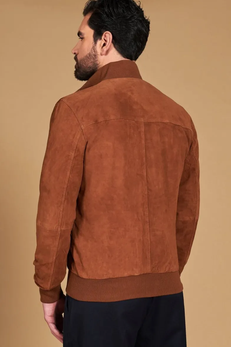 Uomo D'Arienzo Alex Bottoni - Giacca bomber in pelle camoscio cognac con bottoni e tasconi