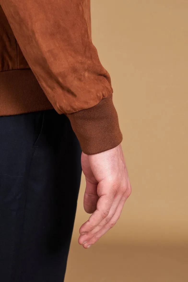 Uomo D'Arienzo Alex Bottoni - Giacca bomber in pelle camoscio cognac con bottoni e tasconi