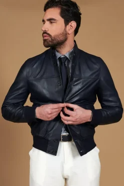 Uomo D'Arienzo Alex Bottoni - Giubbotto Bomber in pelle blu con bottoni effetto liscio