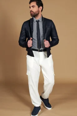 Uomo D'Arienzo Alex Bottoni - Giubbotto Bomber in pelle blu con bottoni effetto liscio