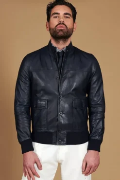 Uomo D'Arienzo Alex Bottoni - Giubbotto Bomber in pelle blu con bottoni effetto liscio