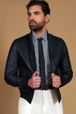 Uomo D'Arienzo Alex Bottoni - Giubbotto Bomber in pelle blu con bottoni effetto liscio