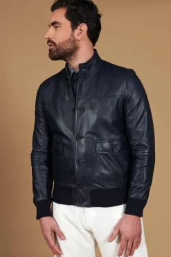 Uomo D'Arienzo Alex Bottoni - Giubbotto Bomber in pelle blu con bottoni effetto liscio