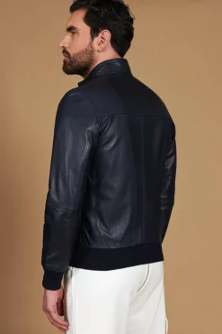 Uomo D'Arienzo Alex Bottoni - Giubbotto Bomber in pelle blu con bottoni effetto liscio