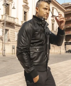 Uomo D'Arienzo Alex Bottoni - Giubbotto Bomber in pelle nera con bottoni e tasconi