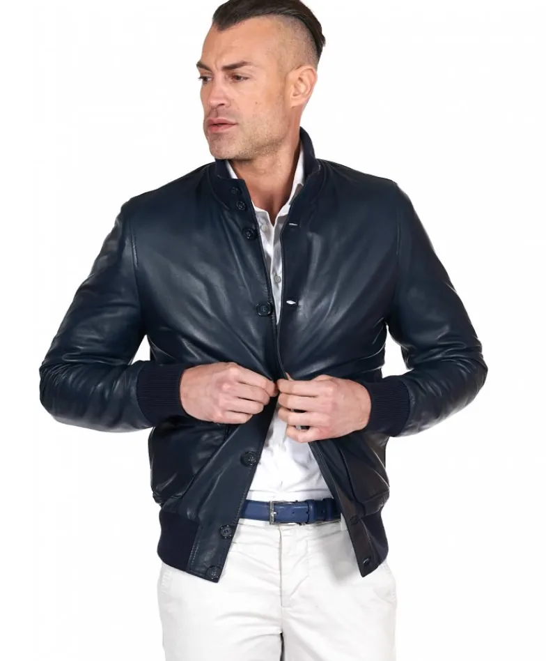 Uomo D'Arienzo Alex Bottoni - Giubbotto Bomber in pelle blu con bottoni e tasconi