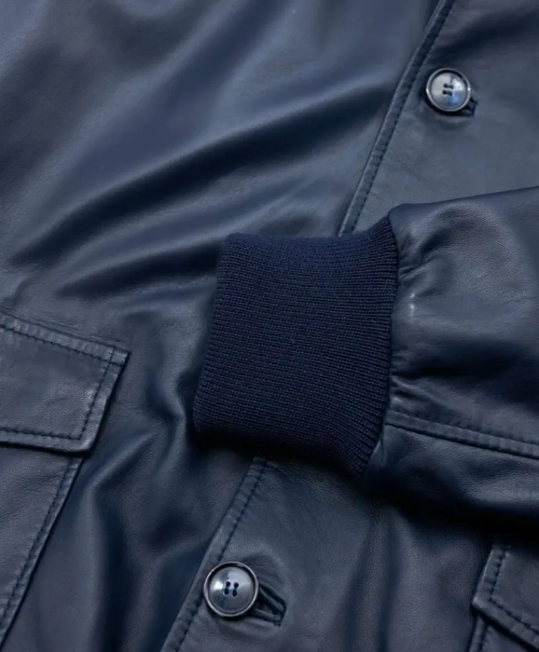 Uomo D'Arienzo Alex Bottoni - Giubbotto Bomber in pelle blu con bottoni e tasconi