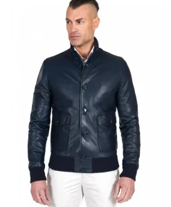 Uomo D'Arienzo Alex Bottoni - Giubbotto Bomber in pelle blu con bottoni e tasconi