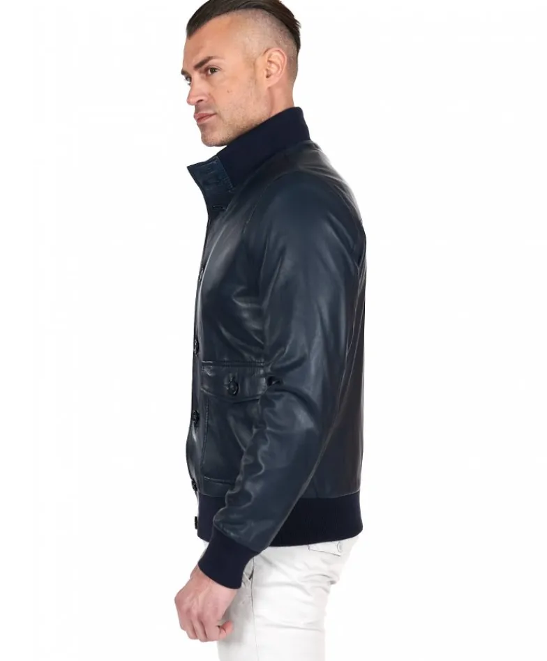 Uomo D'Arienzo Alex Bottoni - Giubbotto Bomber in pelle blu con bottoni e tasconi