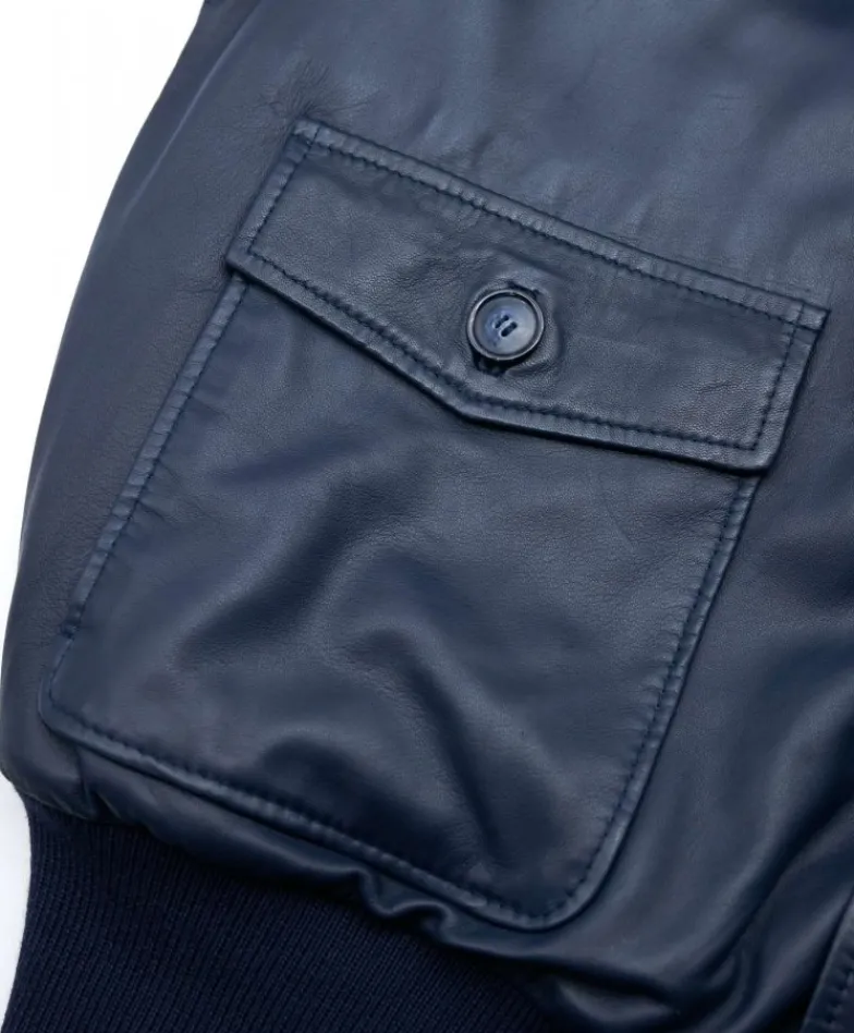 Uomo D'Arienzo Alex Bottoni - Giubbotto Bomber in pelle blu con bottoni e tasconi