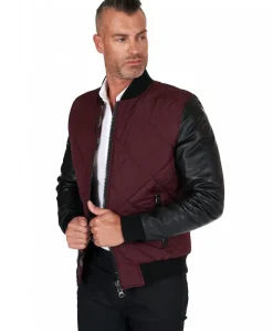 Uomo D'Arienzo Alex Tex - Bomber piumino in pelle nera e tessuto bordeaux