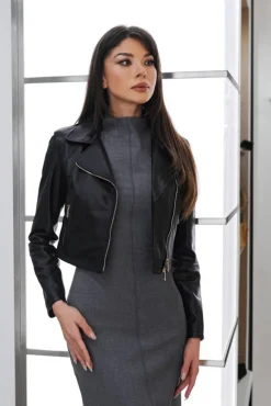Donna D'Arienzo Alice - Giacca corta in pelle nera stile chiodo