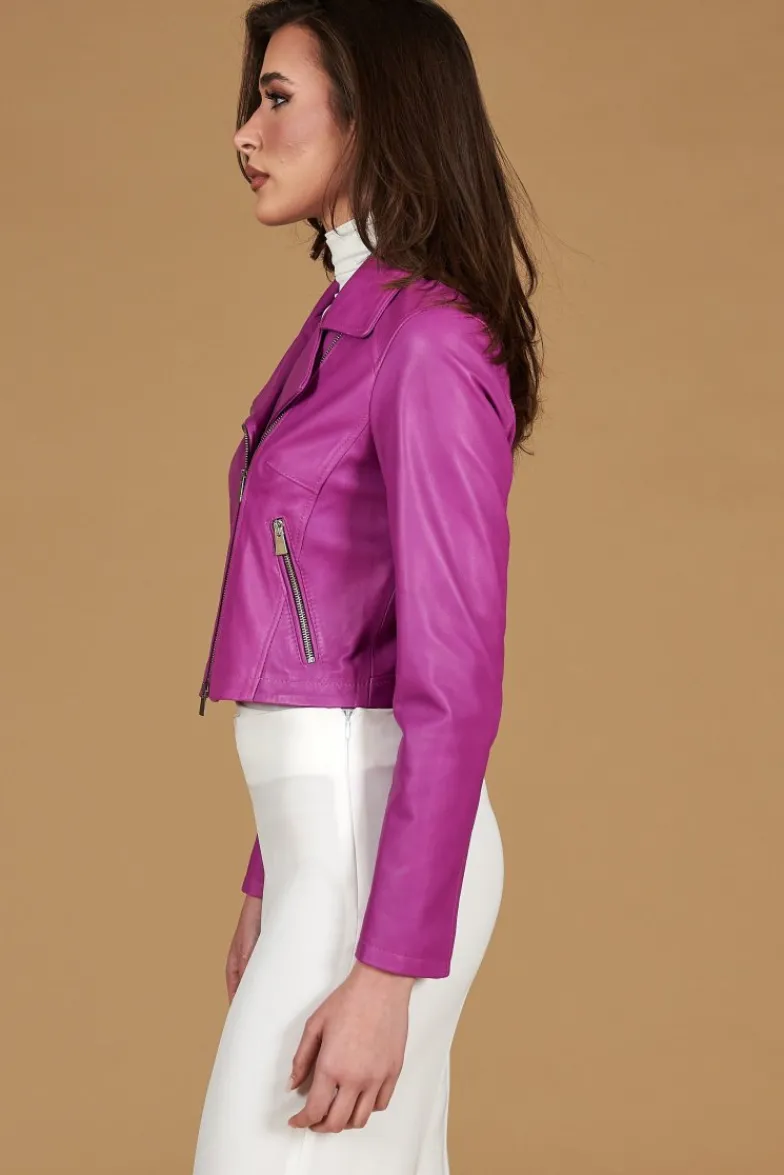 Donna D'Arienzo Alice - Giacca corta in pelle naturale glicine stile chiodo