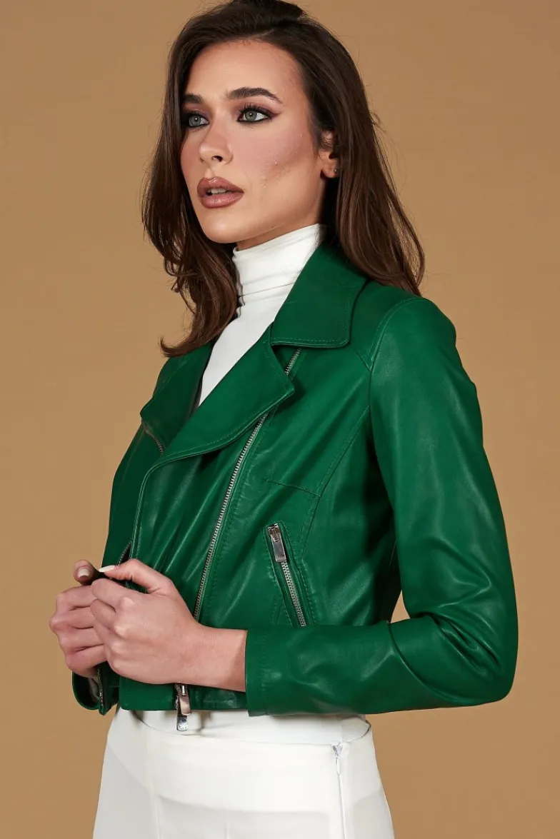 Donna D'Arienzo Alice - Giacca corta in pelle naturale verde stile chiodo