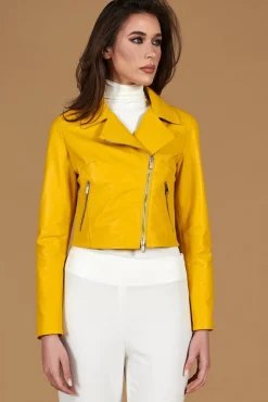Donna D'Arienzo Alice - Giacca corta in pelle naturale gialla stile chiodo