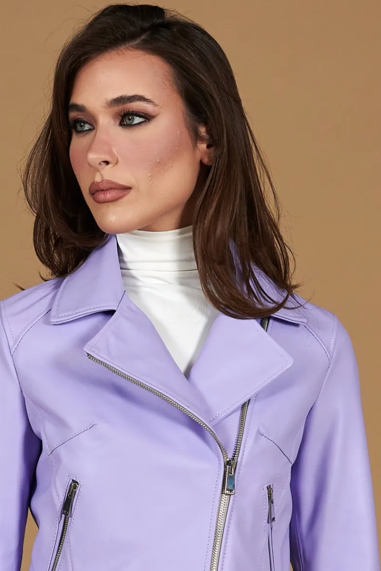 Donna D'Arienzo Alice - Giacca corta in pelle glicine pastello stile chiodo