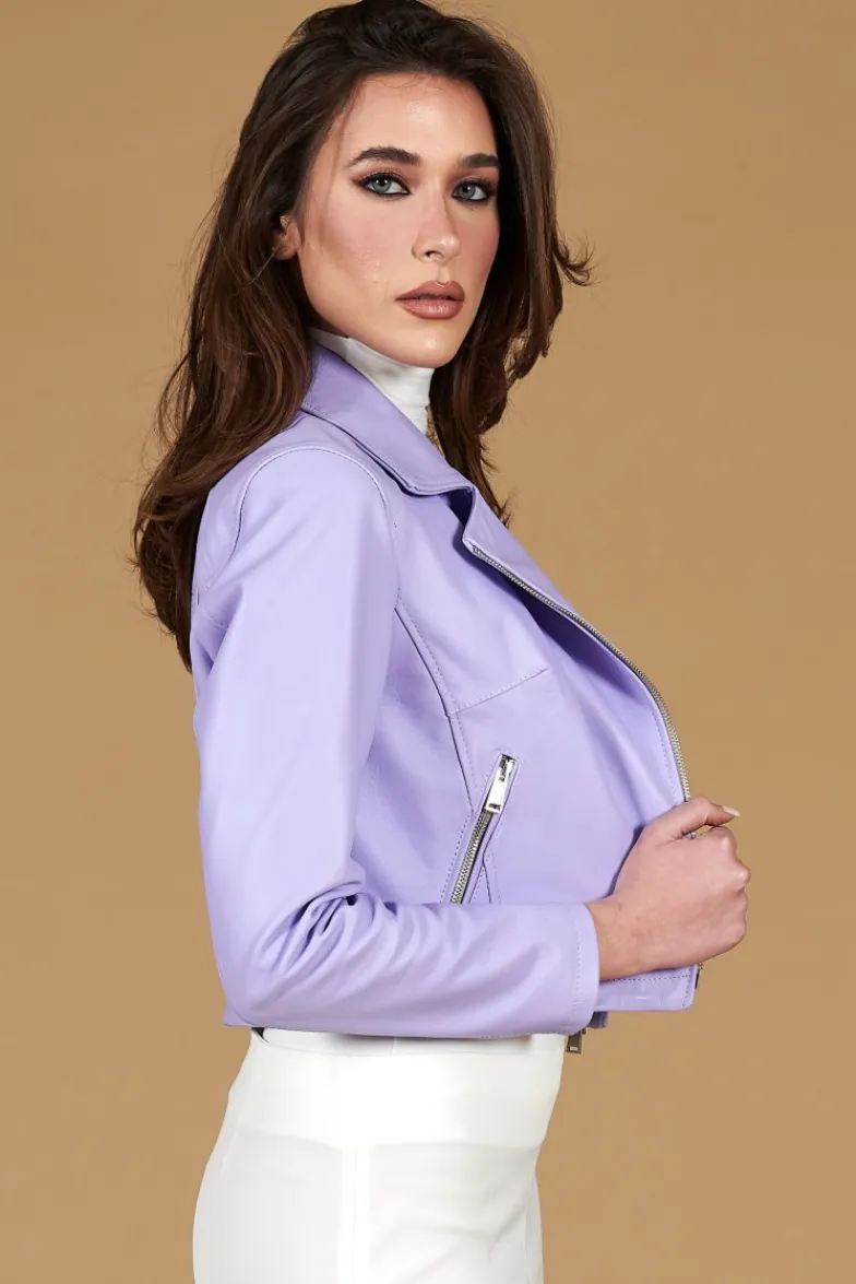Donna D'Arienzo Alice - Giacca corta in pelle glicine pastello stile chiodo