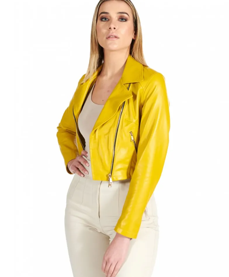 Donna D'Arienzo Alice - Giacca corta in pelle giallo stile chiodo