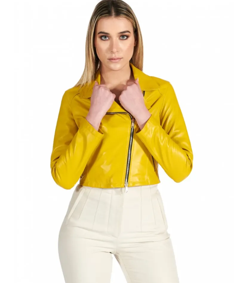 Donna D'Arienzo Alice - Giacca corta in pelle giallo stile chiodo