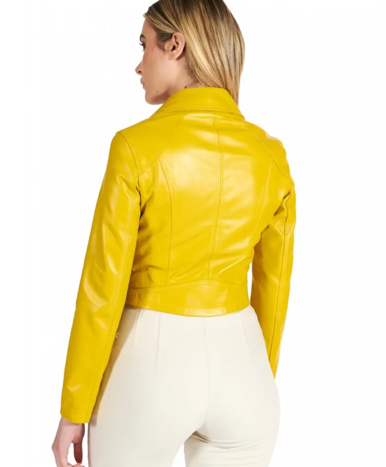 Donna D'Arienzo Alice - Giacca corta in pelle giallo stile chiodo