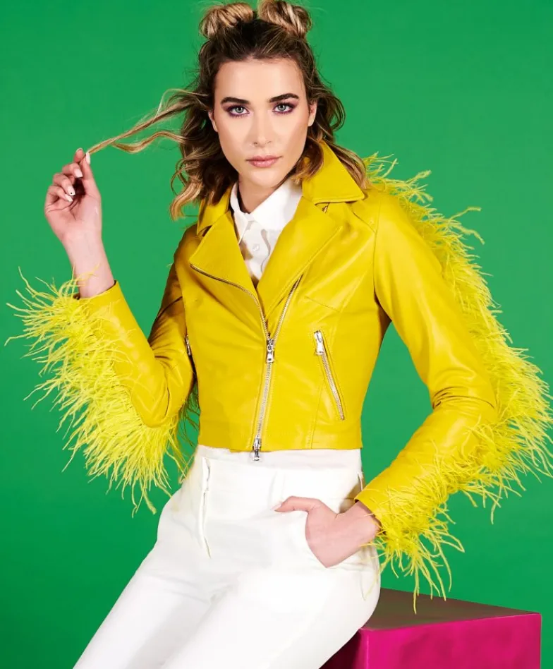 Donna D'Arienzo Alice - Giacca corta in pelle naturale gialla stile chiodo con piume